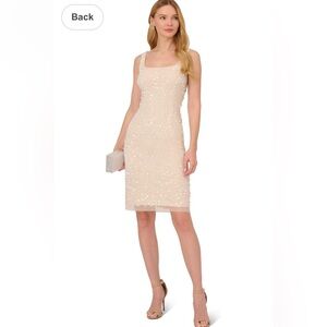 ADRIANNA PAPELL Short Ivory Beaded Cocktail Dress Short Shift Dress 6
